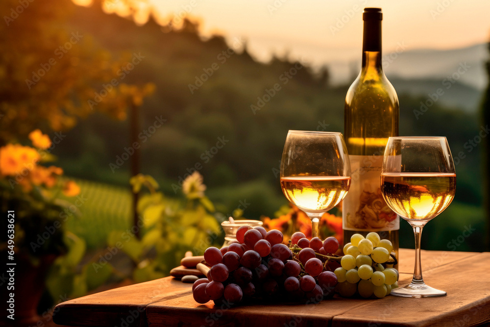 Wine Lover's Dream: Grape Cluster, Wine Bottle, and Glass in the Scenic Piedmont Wine Region of Italy, a UNESCO World Heritage site