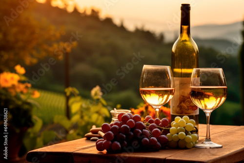 Wine Lover's Dream: Grape Cluster, Wine Bottle, and Glass in the Scenic Piedmont Wine Region of Italy, a UNESCO World Heritage site