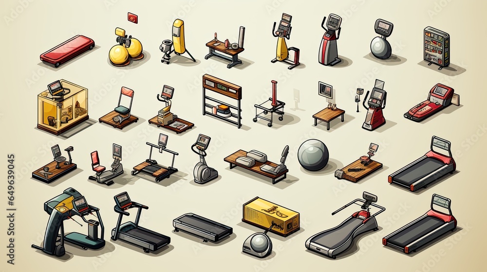 Training apparatus for the gym. Isometric set of fitness equipment symbols. Flat vector illustration. Training apparatus for the gym. Isometric set of fitness equipment symbols. Flat vector illustration.