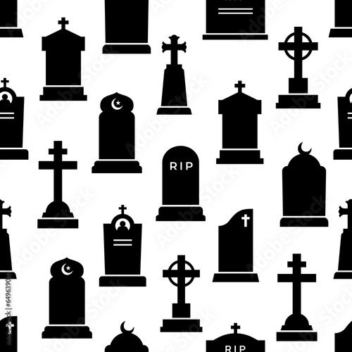 Gravestone and tombstone silhouettes seamless pattern of cemetery headstone or tomb stone, vector background. Cemetery or graveyard tombstones with RIP memorial and gothic cross for cemetery pattern