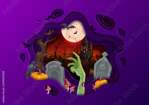 Halloween paper cut banner with cemetery landscape, castle and pumpkins between tombstones, vector background. Halloween holiday horror night zombie dead hand and bats with tombstones on cemetery