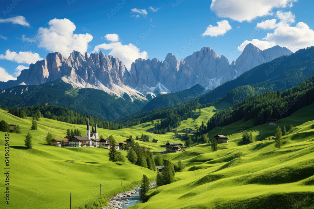 Panoramic view of idyllic mountain scenery in the Alps with fresh green meadows in bloom on a beautiful sunny day in springtime.