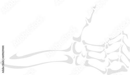Skeleton hand extends with a bony thumb raised in a friendly thumbs-up gesture, a symbol of approval or positivity. Isolated vector spooky Halloween skeletal arm showing gesticulation