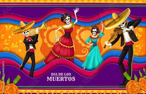 Cartoon dia de los muertos day of the dead mexican holiday paper cut banner. Catrin and mariachi skeletons wear traditional costumes dancing and playing violin or trumpet inside of 3d vector frame
