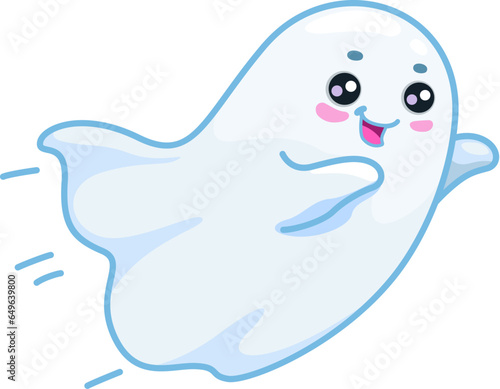 Halloween kawaii ghost character swiftly flying with playful grin. Isolated cartoon vector cute and adorable baby spook personage adds a charming and whimsical touch to the spooky holiday celebration