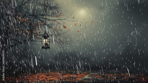autumn background rain and copy space vintage lantern among autumn trees, fictional computer graphics