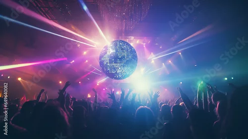 Obraz abstract background disco nightclub mirror disco ball with rays of light, silhouette of a crowd of people in the spotlight, and a musical performance, fictional