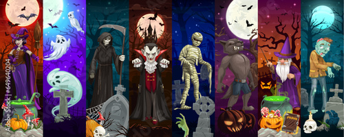 Cartoon Halloween characters collage with spooky monsters of horror night holiday. Vector vertical cards with scary zombie and mummy, grim reaper, witch or vampire, werewolf, wiz, ghosts at cemetery