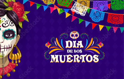 Day of Dead or Dia De Los Muertos holiday banner with Catrina and papel picado garland flags, vector background. Mexican holiday fiesta with calavera skull and latin ethnic floral ornament of flowers