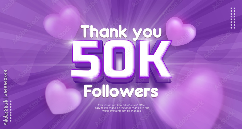 Fototapeta premium Vector banner thank you 50k followers with editable text 3d style