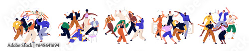 Happy dancing people at disco party set. Young friends gathering, celebrating holiday at discotheque. Hangout, celebration at music club. Flat graphic vector illustrations isolated on white background