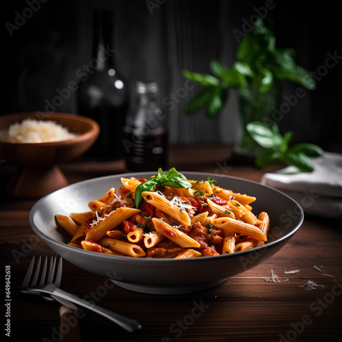 Penne pasta with tomato sauce on a black plate on black background. Traditional Italian pasta. Italian food.