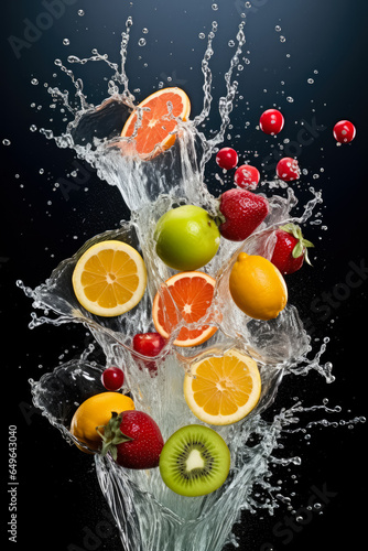 Fruits creating refreshing splashes as they plunge into vibrant juice pool 