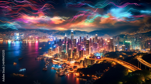 High-angle capture of a sprawling metropolis illuminated in neon colors by night. © Kosal