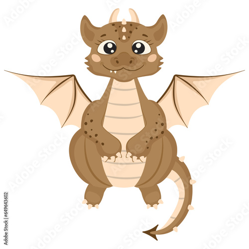 Cute dragon in cartoon style. A smiling fairy-tale monster is sitting.
