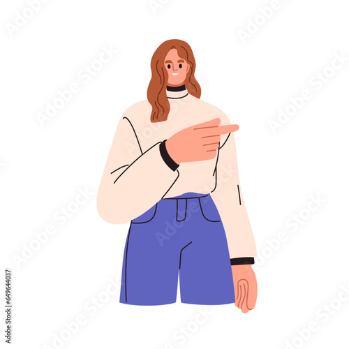 Woman pointing aside with finger. Happy girl presenting something with hand gesture. Smiling business person showing, advertising, indicating. Flat vector illustration isolated on white background
