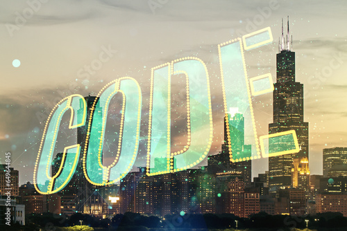 Code word hologram on Chicago skyscrapers background, artificial intelligence and neural networks concept. Multiexposure photo