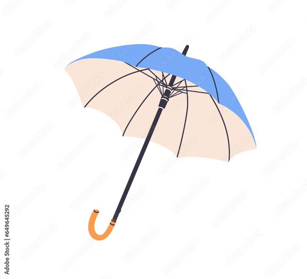 Open spread straight umbrella with long J-stick handle, cane pole. Rain protection accessory with unfolded canopy. Rainy weather item, parasol. Flat vector illustration isolated on white background