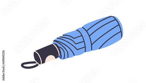 Folded compact collapsible umbrella. Rain protection accessory, closed and tied, foldable canopy, string loop. Flat vector illustration isolated on white background