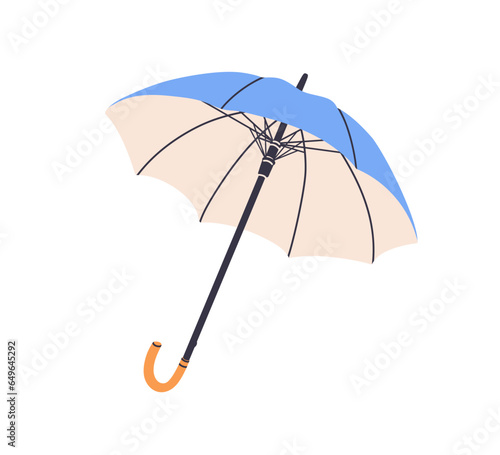 Open spread straight umbrella with long J-stick handle, cane pole. Rain protection accessory with unfolded canopy. Rainy weather item, parasol. Flat vector illustration isolated on white background