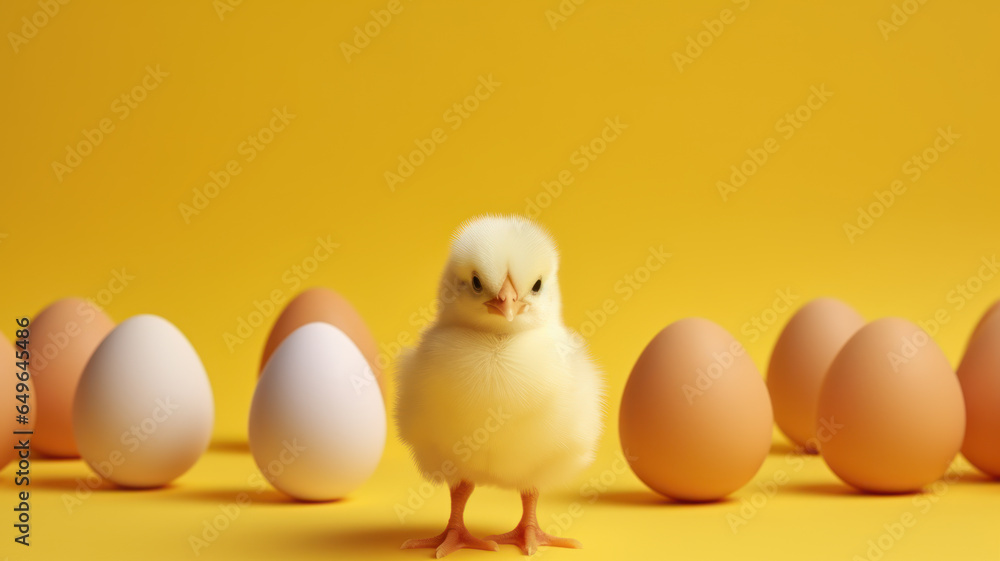 Small Chicken with Eggs on Yellow Background