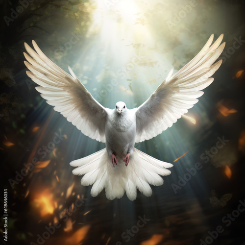 AI generated Flying white dove . Symbol of peace. Gifts of holy spirit concept	