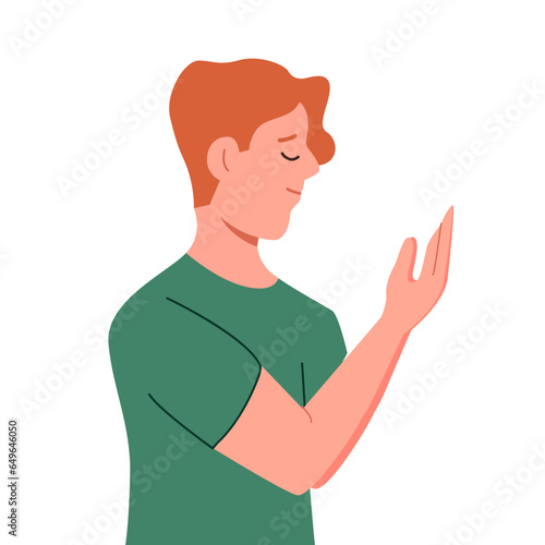 Man Prays to God with His Hands Raised Up. Believing Guy from Christian Denomination Prays to Lord. Flat Vector Illustration Isolated on White Background.