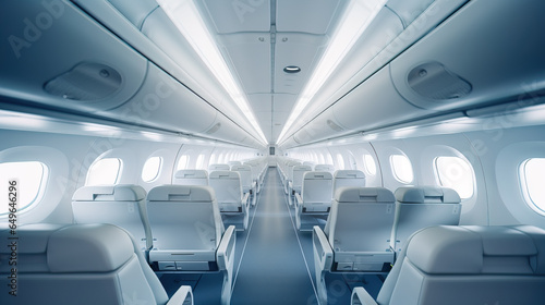 Interior of empty modern aircraft hallway in daytime during flight