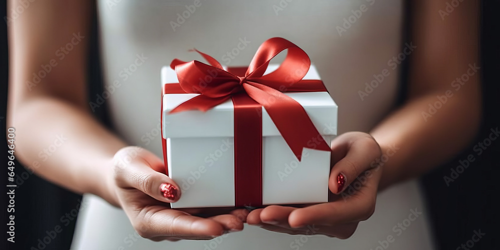 Gift box with beautiful red ribbon bow in female hands Gift box with beautiful red ribbon bow in female hands