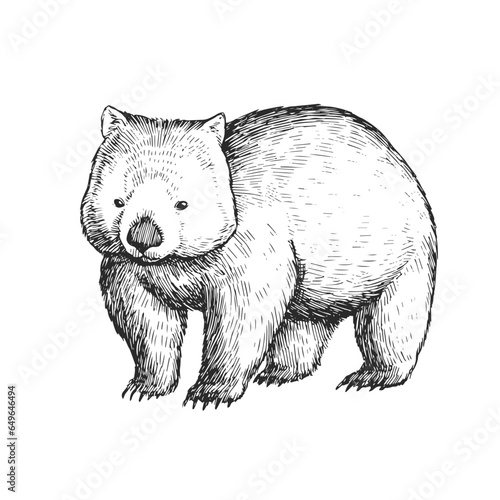 Vector hand-drawn illustration of wombat isolated on white. A black and white biological sketch of an Australian animal in the style of an engraving.