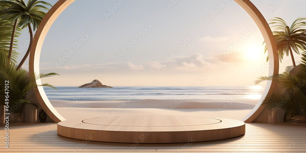 3d wood podium summer background for product display platform scene with sea beach sky cloud, Empty minimal wooden stage design, ai generate - obrazy, fototapety, plakaty 