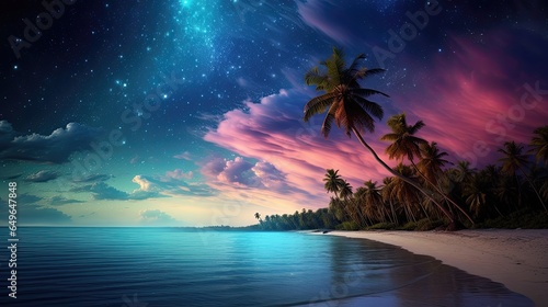 a seaside scene on a sandy beach with white sand  blue water and palm trees