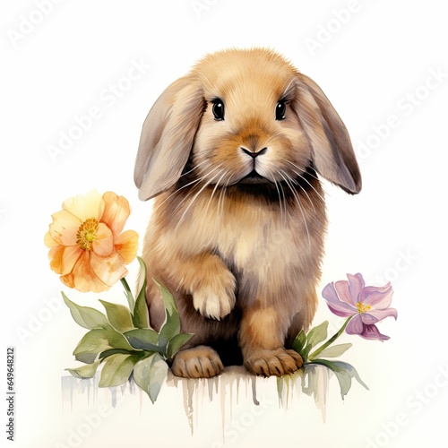 Watercolor Dutch lop-eared rabbit and flowers, Dutch rabbit, lop-eared rabbit, rabbit watercolor clipart, cute rabbit for Easter, rabbit clipart for children, handbook material