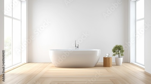 Modern minimalist style white bathtub in bathroom with wooden floor, modern bathroom sink, bathtub advertising, Japanese log style bathroom
