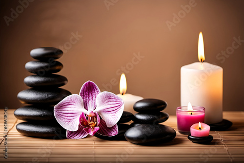 Zen Steine mit Kerzen und Orchideen in harmonischer Zusammenstellung