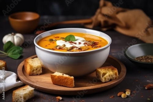 pumpkin soup with pumpkin seeds and sour cream and croutons