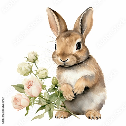 Watercolor rabbit and flowers, rabbit holding flowers, rabbit watercolor clipart, Easter rabbit and flowers, rabbit clipart for children, handbook material, cute rabbit watercolor painting