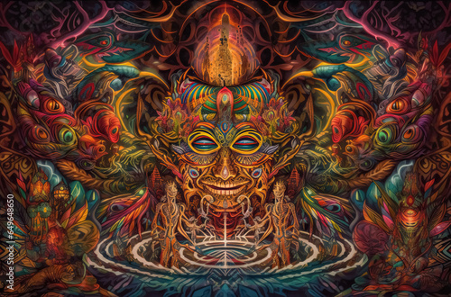 Ayahuasca experience, spiritual psychedelic hallucinations surreal illustration.