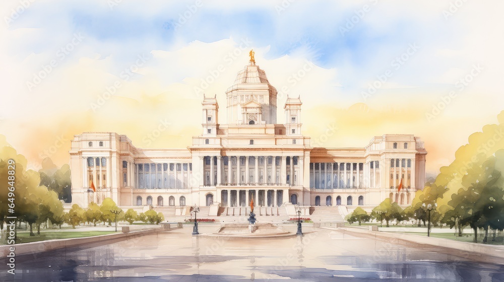 Impressive government building watercolor illustration - Generative AI.