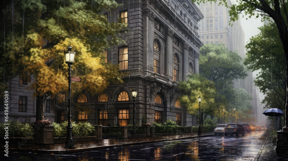 Fototapeta premium classic american architecture rain and fog new york