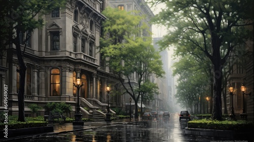 classic american architecture rain and fog new york
