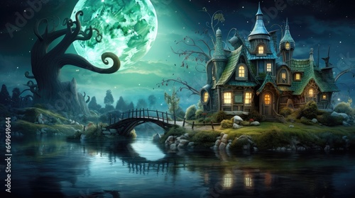 halloween night scene house wallpaper with dark green and sky-blue, fantasy art, made of crystals with romantic moon