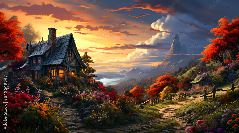 Naklejka premium Cottage on the hill, fantasy landscape.