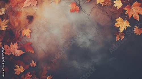 Autumn background with maple leaves on a dark grunge with copy space, banner ai generative