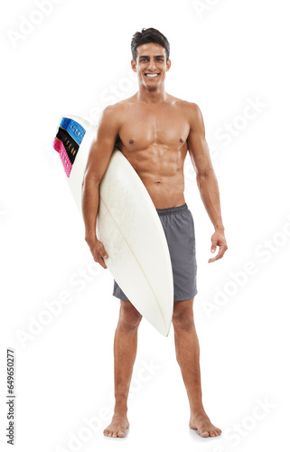 Portrait, surfboard and shirtless with a sports man isolated on transparent background for fitness. Exercise, smile and the body of a happy young surfer on PNG for a training workout or leisure hobby