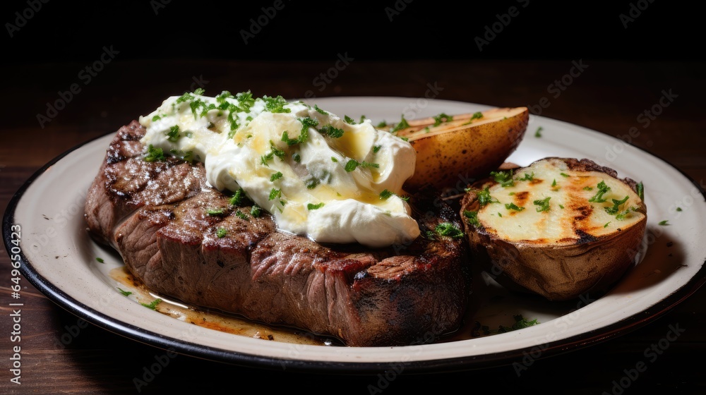 steak and baked potato with sour cream and butter