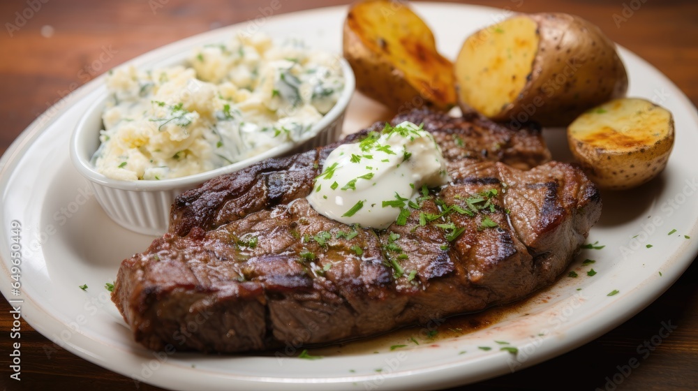 steak and baked potato with sour cream and butter steak and baked potato with sour cream and butter