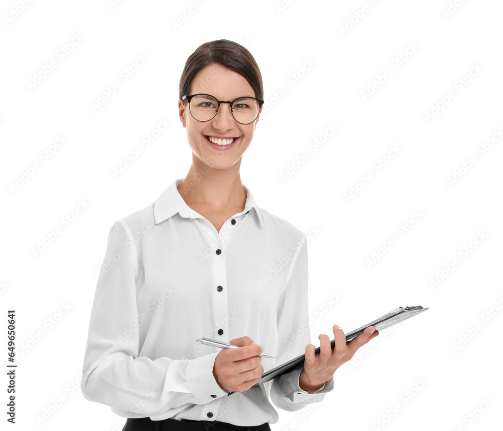 Happy secretary with clipboard and pen isolated on white Happy secretary with clipboard and pen isolated on white