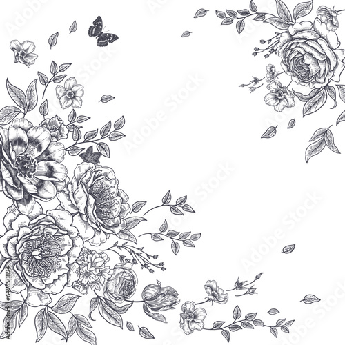 Wedding decor. Flowers peonies, roses and butterfly. Vector.