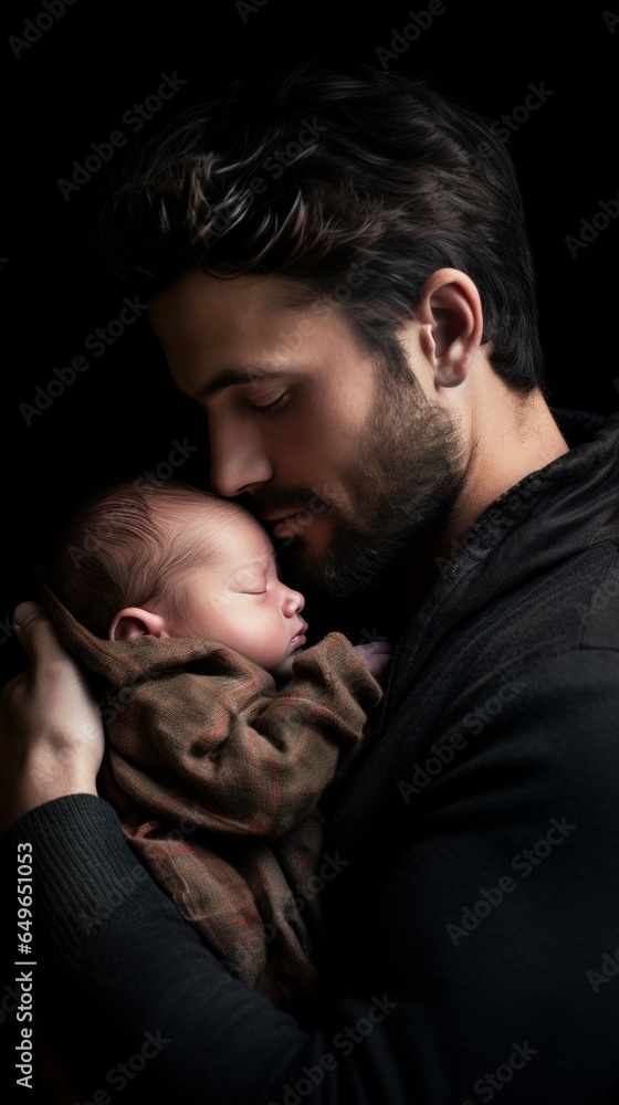 Portrait of a father hugging and kissing his son/daughter, fatherhood Portrait of a father hugging and kissing his son/daughter, fatherhood